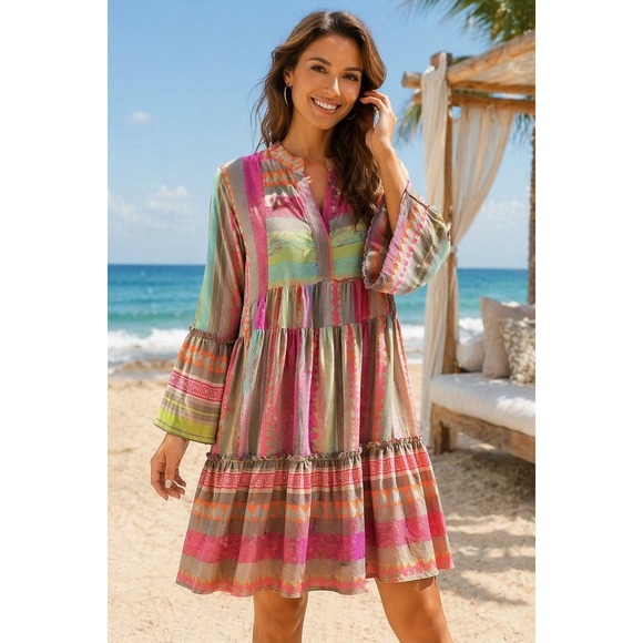 Elan Dresses & Skirts - Elan Boho Tiered Babydoll Dress S Bell Sleeve Geo Print‎ Multicolor Festival